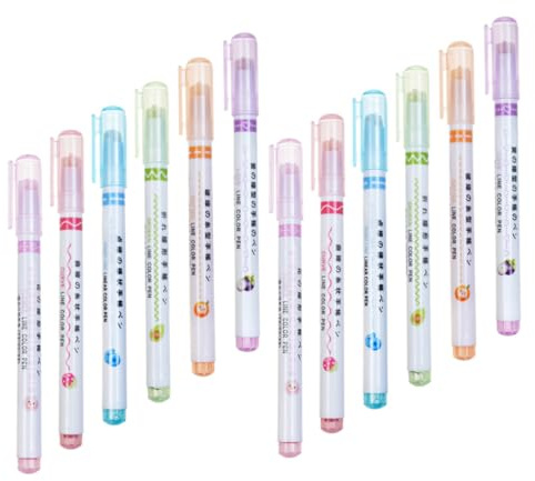 CONGARTENO Lot de 12 Set de Surligneurs Courbes Fluorescents, 6 Couleurs Assorties, Rouleau Précis pour Marquage Créatif, Stylos Artistiques pour École, Bureau et Journaling