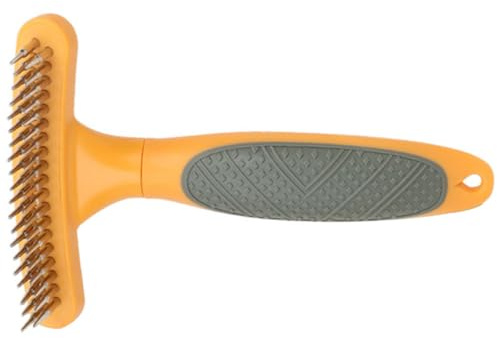 Abaodam Cepillo Rastrillo para Perros y Gatos, Peine de Doble Línea de Dientes Metálicos, Tamaño Mediano, Color Naranja, Herramienta para Desenredar y Eliminar Pelo Muerto, Adecuado