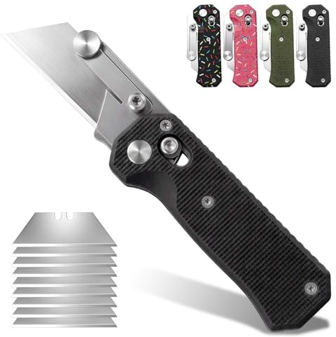 EDC Cuttermesser, Faltbares Box Cutter mit Knopfarretierung, Kleines Taschenmesser mit 10 Rasierklingen für Männer & Frauen(BLACK)