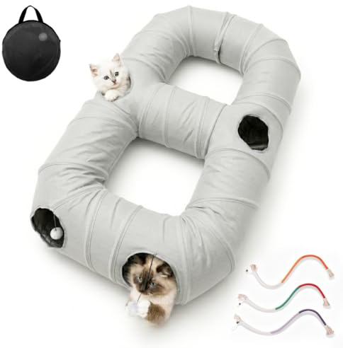 Iriisy Katzentunnel 8-förmiger, Katzenspielzeug mit Hängepompons & Löchern, Pop-Up faltbar, Plus 3 Kauseile mit Katzenminze zur Zahnpflege – für Kitten, Katzen, Kaninchen, Welpen (Grau Velours-Optik)