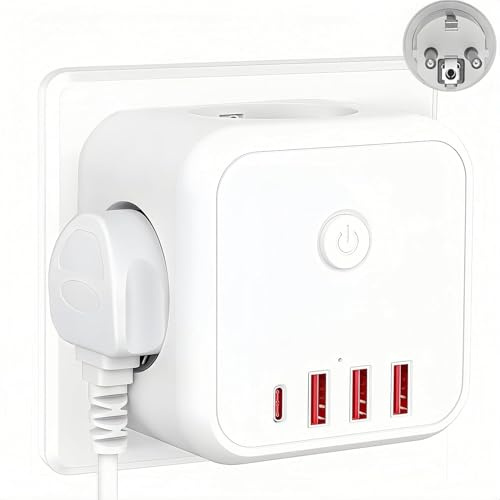 Multiprise Murale 7 en 1, Prise Cubique avec Interrupteur, 3 Prises Secteur + 4 Ports USB Dont 1 USB-C, Adaptateur Prise Murale 16A 3680W sans Câble, Compact pour Cuisine, Chambre, Salon, Blanc