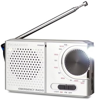 Caliber FM/AM Radio Batteriebetrieben mit Taschenlampe - Notfall Kit - Tragbares Radio - Kopfhöreranschluss – Für Haushalt Outdoor Camping Wandern - Silber