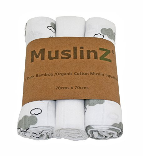 MuslinZ 3PK Baby Muslin Squares, Burp Cloths, Newborn Essentials, Soft Bamboo/Organic Cotton 70 x 70cm (Grey Cloud)
