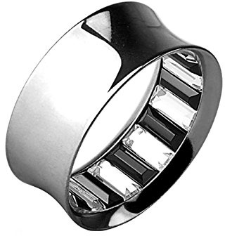 beyoutifulthings Ohr-Tunnel Glitzer-Steine Kristalle Ohr-Piercing Ohr-Schmuck Chirurgenstahl Plug Sattel-Verschluss Silber Clear Schwarz 22mm