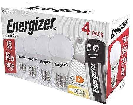 Energizer GLS Replacement LED Bulb 4 Pack (Warm White E27, 60W), (ENGS14057) Energy Rating F