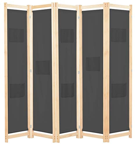 vidaXL Holz Raumteiler 5-TLG. Paravent Trennwand Umkleide Sichtschutz Spanische Wand Raumtrenner Stellwand Grau 200x170x4 cm Stoff Klappbar Platzsparend