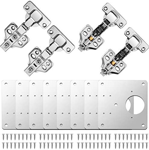 Neoteck 4 Stück Mittenlanschlag Scharniere 110°mit 8 Reparaturplatten Kit mit 72 Schrauben für Schrankmöbel, Schubladen, Fenster, Edelstahlplatten-Reparaturzubehör