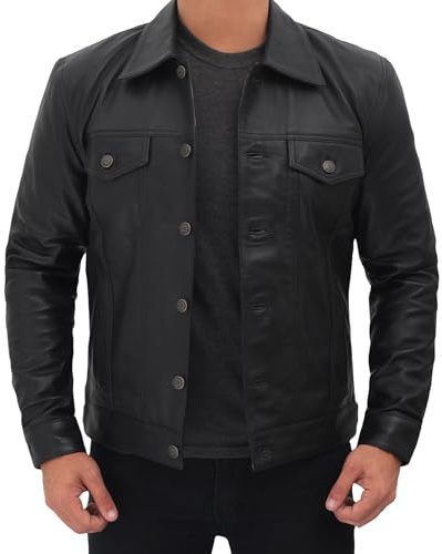 fjackets Giubbotto in Pelle di Agnello Vintage Stile Trucker da Uomo - Giubbotti in Pelle da Uomo con Collo a Camicia, Medium