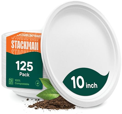 100% Compostable Disposable Paper Plates [125-Pack] - (PFAS-Free) - [10 Inch] Heavy Duty, Eco-Friendly, Biodegradable Bagasse Dinner Plates - Natural Brown 10 Plate by Stack Man (BPI Certified)