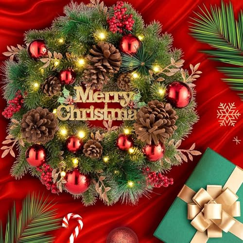 Avoalre 40cm/16 inch Christmas Wreath with Lights 40LED Xmas Door Wreath Light Battery Operated with Timer 8 Mode Light up Christmas Decorations for Front Door Fireplace Wall Festival Home-Red