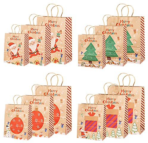 12 Stück Geschenktüten Weihnachten, Weihnachtstüten Papier, Papiertüten Weihnachten Aus Kraftpapier Mit Henkel, Geschenktaschen Weihnachte, Geschenkverpackung Partybedarf - 4 Muster,3 Größe (A)