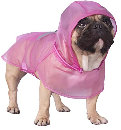 iChoue Hunde-Regenmantel, verstaubar, wasserdicht, verstellbar mit reflektierenden Riemen, leichte Regenjacke für große französische Bulldogge, Mops (Rosa, L)