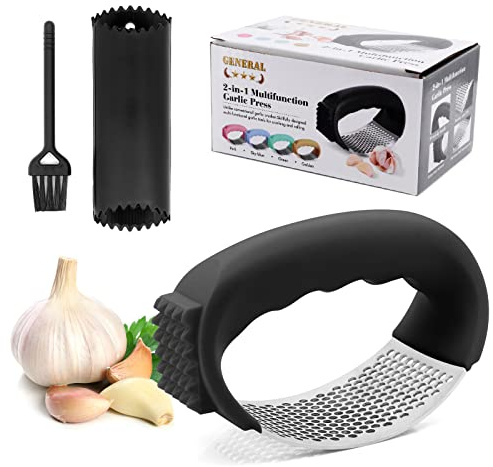 Bemodst Garlic Pressing Rocker Set, 304 Food Grade Stainless Steel Garlic Masher, Two in One Peeler, Ergonomically Designed Handle, Easy to Use and Easy to Clean with Garlic Cleaning Brush. (Black)
