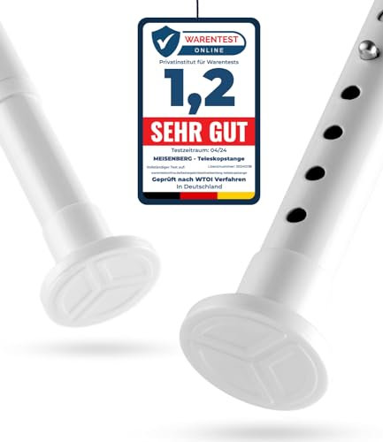 MEISENBERG Gardinenstange ohne Bohren 210-260cm, Weiß, Ø 25 mm, Teleskopstange Gardine - Vorhangstange Klemmstange für Fenster, Raumteiler und Küche