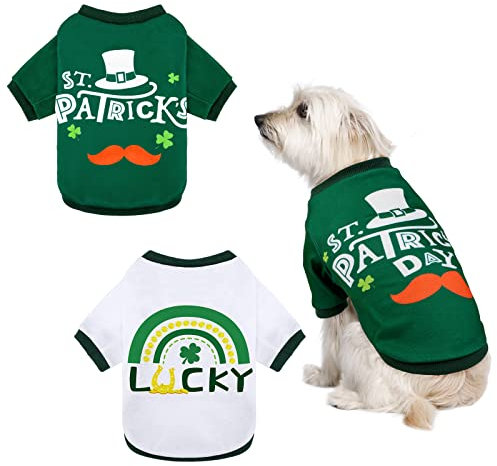 Pedgot 2 Stück St. Patrick's Day HaustierShirts Hundebekleidung grünes Kleeblatt WelpenTShirt Kleeblatt Hund Sweatshirt Bedruckte WelpenShirts Hunde Pullover Atmungsaktive Hundebekleidung für