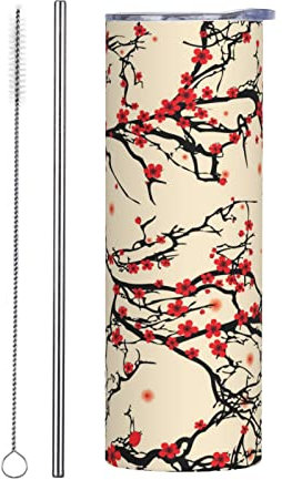 Japanische Kirschblüten-Becher, 590 ml, Edelstahl Thermoskanne, vakuumisoliert, schmal, Becher mit Deckel und Strohhalm, doppelwandig, bruchsicher, Kaffee-Reisebecher, Geburtstagsgeschenk für Damen