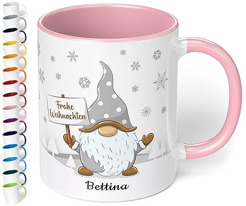 True Statements Weihnachtstasse mit Namen personalisiert „Frohe Weihnachten“ - mit Gold-Wichtel-Motiv - 330ml Keramik Kaffee-Becher mit Spruch – Geschenk zu Weihnachten (Rosa)