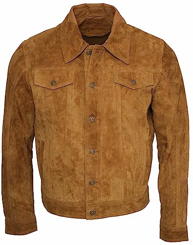 Herr lastbilsförare vardaglig get mocka läder skjorta jeansjacka, SOLBRÄNNA, XS