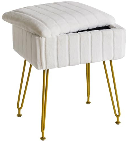 IBUYKE Stool Chair with Storage Space, Footrest Footstool Ottoman, Small Side Table, with 4 Metal Legs, with Anti-Slip Feet, for Makeup Room, Bedroom, Faux Fur, White L/G-50W
