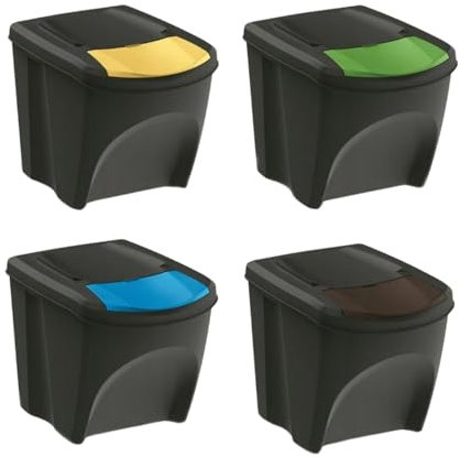 Sorting Waste Bin Set Recycling Segregation Stackable Lidded Handle 3 Colours Black Grey Ashen Flap Lid 20L 25L 35L (4pcs x 25 Litre, Black)