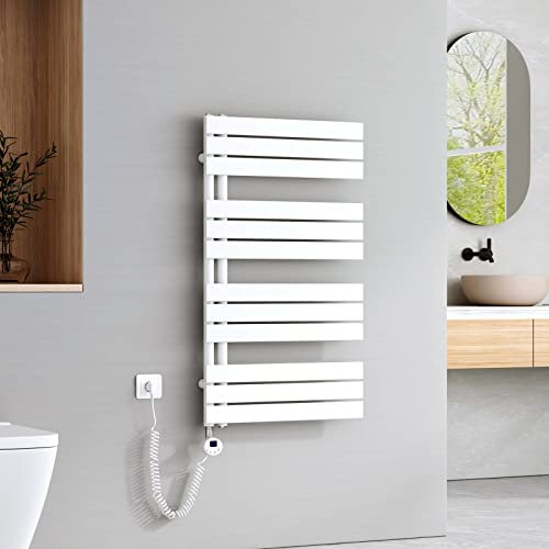 EMKE Scaldasalviette Elettrico con Elemento riscaldante termostatato,1041x600mm 600W，Pannello Asciugamano Elettrico con Asta di Riscaldamento con Timer, Bianco