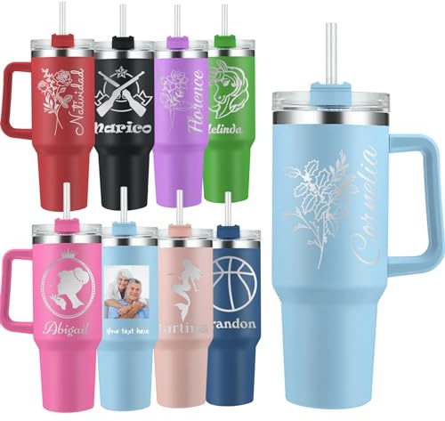 Personalisierter 40-Unzen-Becher mit Henkel und Strohhalm. Individuell Isolierte Edelstahlbecher mit Henkel. Personalisierte Logo-Fotobecher für Männer und Frauen