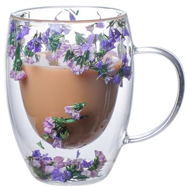 Dried Flower Double Wall Glass Cup, Aesthetic Flowers Coffee Mugs, Cute Insulated Tea Cups with Handle Heat Resistant for Women, Gifts for Birthday Mother's Day - Perfect for Wife Mom Friend (Purple)