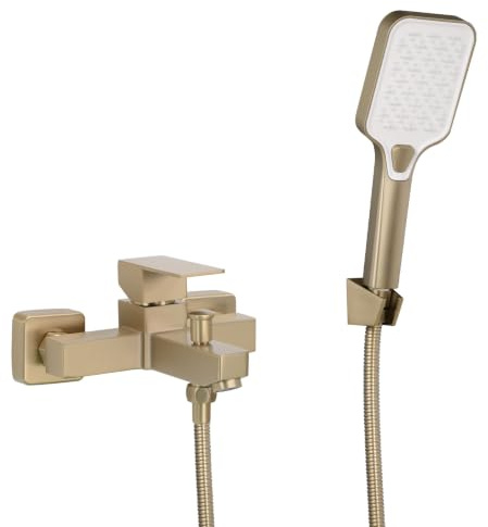 SHANFO Badewannenarmatur mit Handbrause, Armatur Badewanne Set, Wannenarmatur mit Brause, Wannenbatterie Set, Gold Gebürstet, 1Y4OK