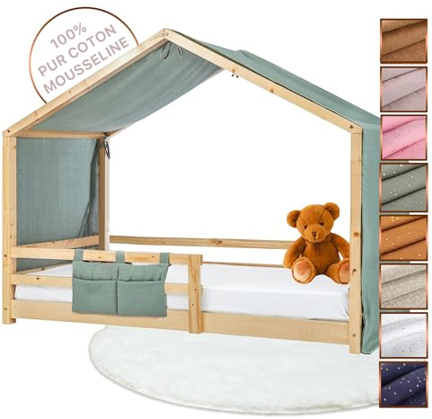 Lovely Hippo Tenda Letto Bambini 100% Cotone - Tenda Letto Montessori per Letto Bambini 80x160 e 90x190cm - Modelo 2 (Eucalipto/Oro + Astuccio, 97 x 402 cm + Astuccio)