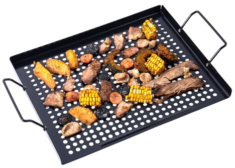 MEHE Vegetable Grill Basket,Nonstick Grilling Topper 14.6 x11.4 Thicken Grill Pan BBQ Accessory for Grilling Veggie, Fish, Shrimp, Meat, Camping Cookware (With Hand)