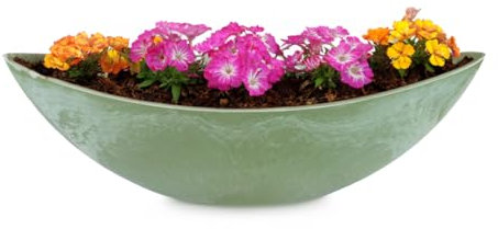 Ovale Pflanzschale für draußen - große Schiff Deko-Schale in grün marmoriert als Blumen-Topf Pflanztopf - 55 cm Jardiniere für Garten Balkon oder Friedhof als wetterfester Grab-Schmuck