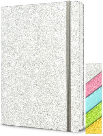 Glitzer Notizbuch A5 Liniert Silber, 21x14,5cm 80 Blätter Tagebuch Mädchen | Funkelnder Glitzer Löst Sich Nie Ab Hardcover Tagebuch Mädchen Geschenk für Schreiben Home Office Schule Arbeit