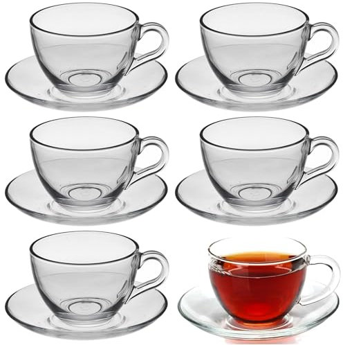 Queensway Home & Dining 238ml Clear Glass Cups & Saucers Set, Perfect for Tea, Coffee, and Cappuccino Stylish and Elegant Design, Ideal for Serving (Set of 6)