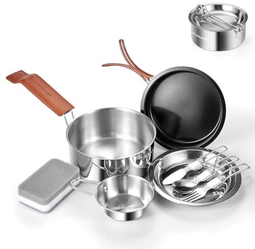 Odoland Set di 10 pentole da campeggio, in acciaio inox 304, leggere, con piatto, ciotola, forchetta, coltello, cucchiaio, perfetto per backpacking, campeggio, escursioni e picnic