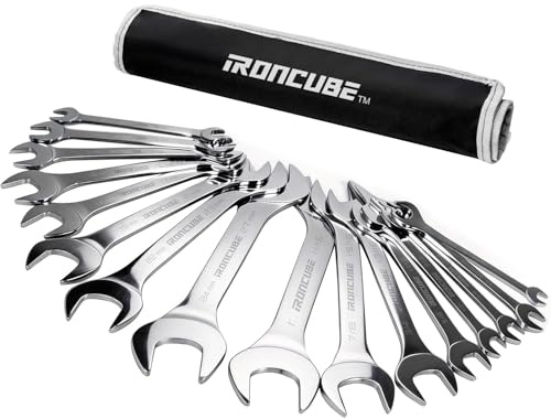 ironcube 16-Piece Super-Thin Double Open End Wrench Set: 3mm Extra-Slim Profile for Tight Spaces – Complete SAE & Metric Sizes – Full Range Tool Kit for Car Repair, Garage & Home
