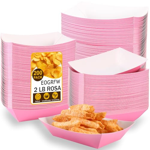 EOGRFW Papier-Lebensmitteltabletts, 200 Stück 2 Pfund Einweg-Lebensmittelschiffchen, rosa Nacho-Tabletts, Papier Fingerfood Schalen