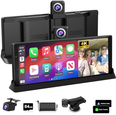 2026 Exclusive 10.26'' 4K CarPlay Screen for Car 350° Rotate Lens Wireless Apple Carplay Android Auto Screen w 4K Dash Cam Voice Control Bluetooth Navigation 1080P Rear Cam Unique Bracket