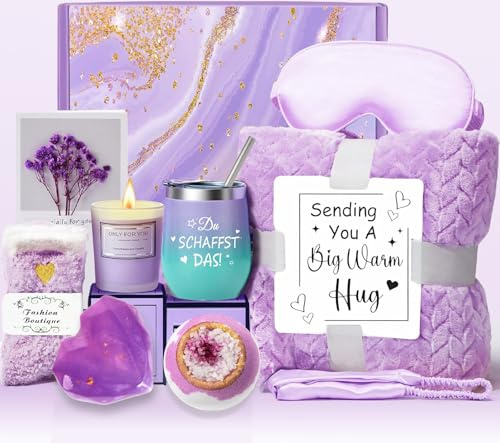 Muttertagsgeschenk Geschenke für Frauen – Purpur Entspannungsset mit 12oz Becher „Du schaffst das!“, Kuscheldecke & Wellness-Accessoires – Geburtstagsgeschenk für sie, Mama und Freundin