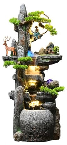 Fuente de Jardín Fuente de agua for interiores: fuente de pie con tarro pequeña fuente de cascada Zen Feng Shui con luz LED y sonidos relajantes for decoración del hogar de oficina Fuente Exterior