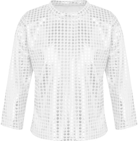 Girls Sequin Glitter T-Shirt Sparkly Metallic Long Sleeve Top Boys Sparkly Metallic Long Sleeve Loose T-Shirt Jazz Hip Hop Modern Dance Performance Party Costume Dancewear Silver