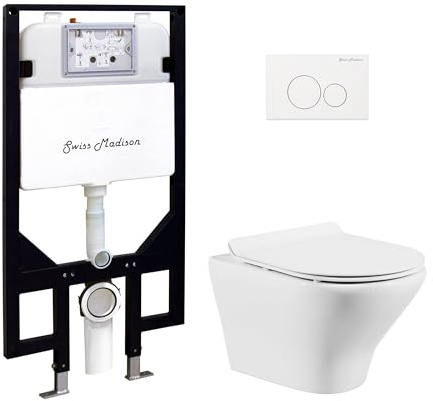 Swiss Madison Monaco Wall-Hung Toilet Bundle 0.8/1.6 GPF Dual Flush in Glossy White with White Flush Plate