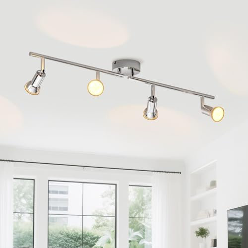 LVWIT Lámpara Techo Focos con 4 Focos Giratorios GU10, Lámpara de Pared Interior Cromada Ajustables, Foco Led Interior Techo Iluminación para Dormitorio Pasillo Cocina (Sin Bombillas).