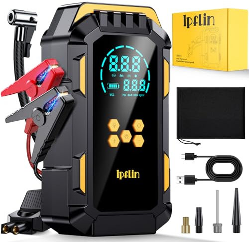 Booster Batterie Voiture avec Gonfleur, Demarreur Batterie Voiture, Portable Gonfleur Pneus 150 PSI, 4000A Jump Starter pour Véhicule für 9L Gas/8L Diesel, 3 Lumières, Affichage LCD