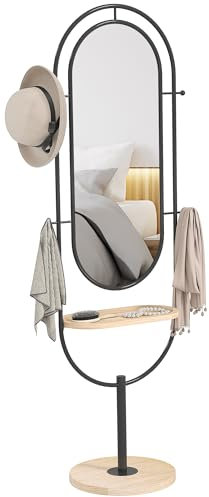 HOMCOM Miroir sur Pied Ovale, Grand Miroir avec Plateau en Bois, 4 Crochets et Cadre en métal, pour Chambre à Coucher Salon et Dressing, 50 x 40 x 175,5 cm, Noir