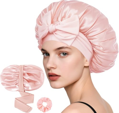 Loomify Satäng Sovmössa, Justerbar Sidenmössa för Hårvård, Dubbelsidig Satängbonnet med Scrunchie för Kvinnor (Korallrosa)