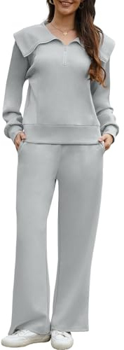 Yutdeng Tuta Donna Completo Sportivo Due Pezzi Casual Elegante Tute da Ginnastica Felpa Oversize con Zip a Quarto Manica Lunga Pantaloni a Gamba Larga con Tasche Invernale Autunno Abbigliamento
