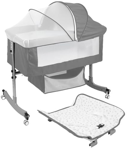 4-in-1 Baby Bedside Crib & Travel Cot, Baby Cot, 6 Height Adjustable Convertible Bassinet with Changing Table, Storage Basket & Wheels for Newborn to 24 Months (10kg Capacity) Grey