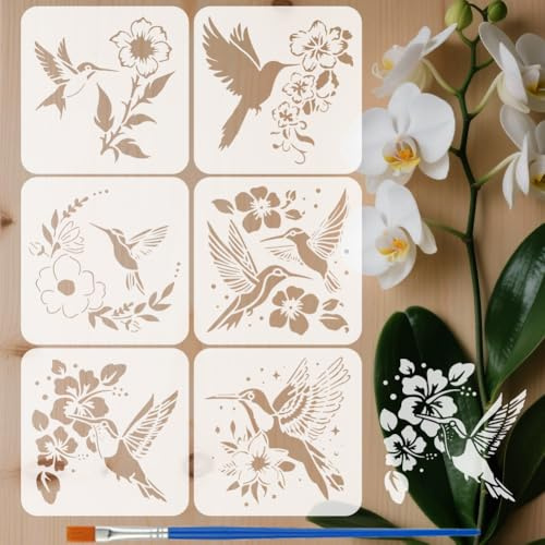 FINGERINSPIRE 6 Pz Stencil per Pittura A Forma di Fiori di Colibrì con Pennello 20x20cm Riutilizzabile Stencils di Disegno di Fiori e Uccelli Stencil Decorativo di Colibrì Volanti per Dipingere