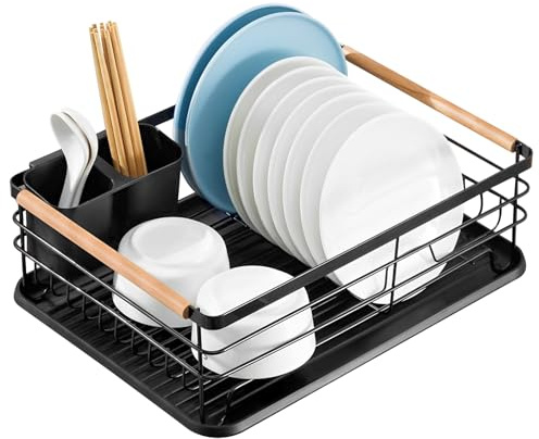 BALLSHOP Egouttoir Vaisselle Cuisine 42x32,5cm Égouttoir à Vaisselle Noir Mat Support Acier Inoxydable Bac Plastique avec Porte-Couverts Intégré