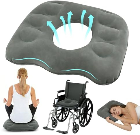 DARENYI Cojín Ortopédico Inflable, Almohada Inflable de Dona, Cojin Coxis de Asiento Ortopedico, Cojin Hemorroides, Cojín de Asiento Multifuncional para Oficina, Silla de Ruedas, Asiento Coche (Gris)